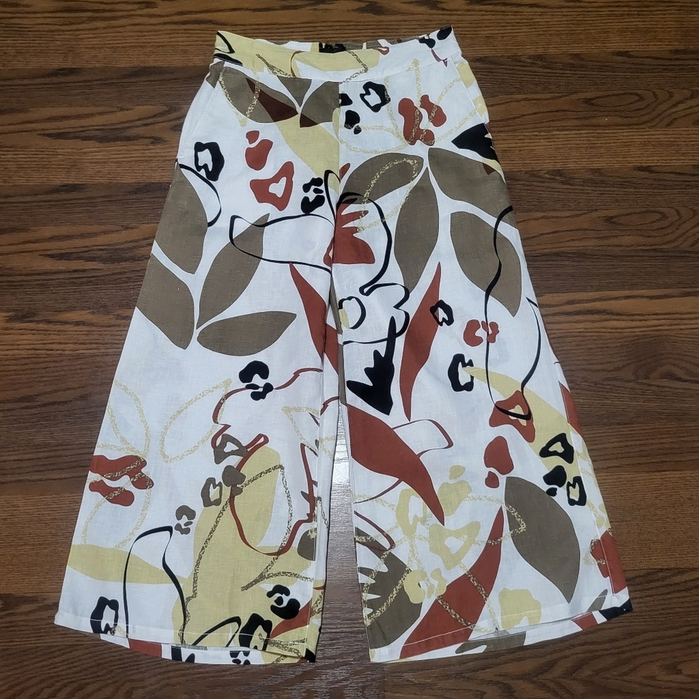 NEW! Women's Colorful PLANTS Print TAHARI 100% LINEN Wide Leg Pants Sz S